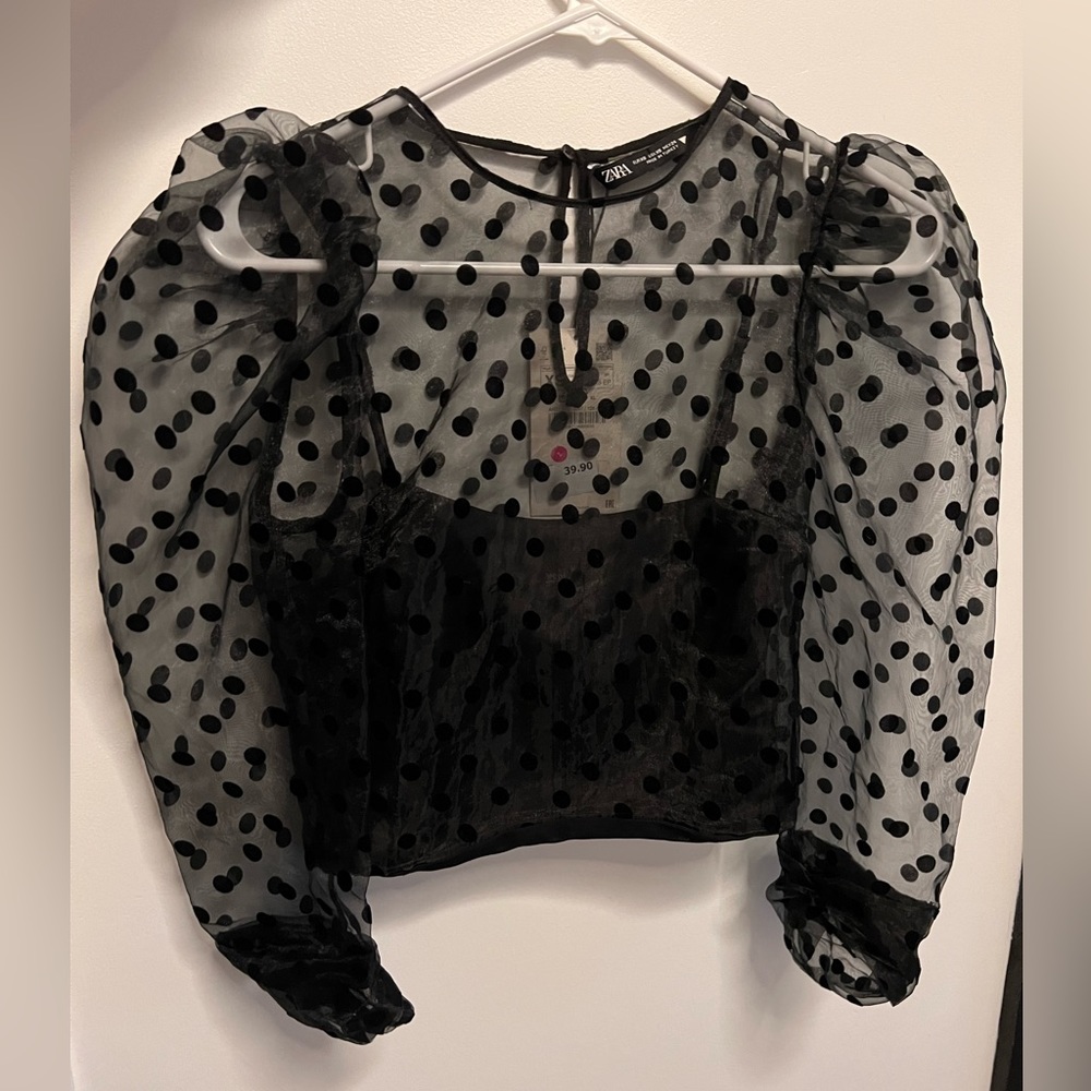 ZARA BLACK SHEER POLKA DOT TOP WITH PUFF SLEEVES AND UNDER SHIRT